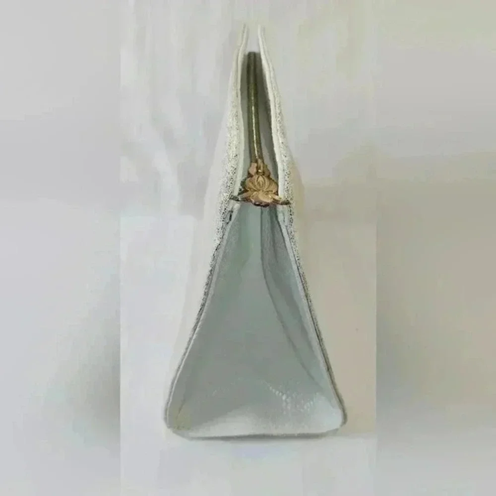 Gold Metallic Floral Embossed Cosmetic Bag‎ Zebra Print Lining Iris Zipper Pull